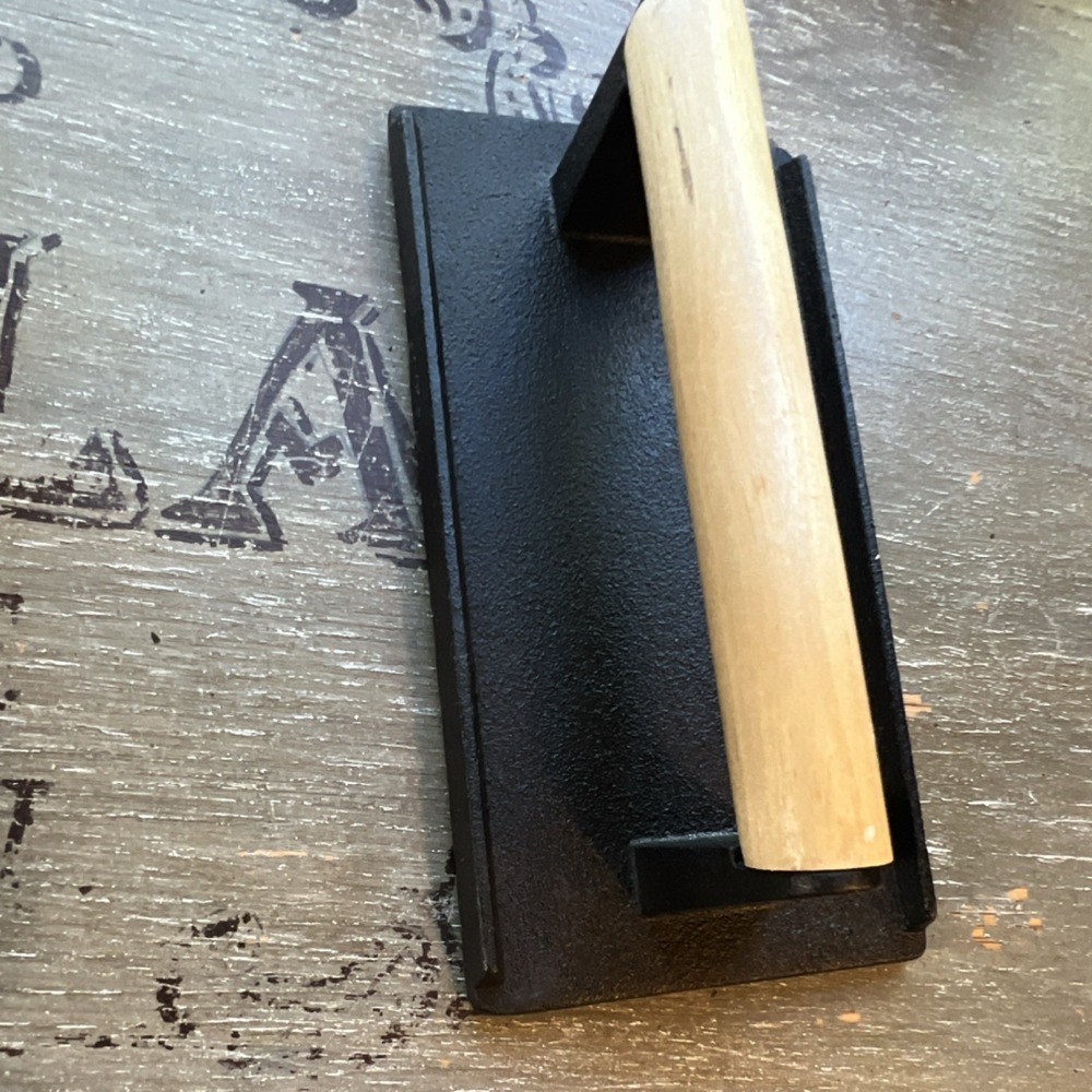 Rectangular Cast Iron Non-Stick Burger Press with Wooden Handle